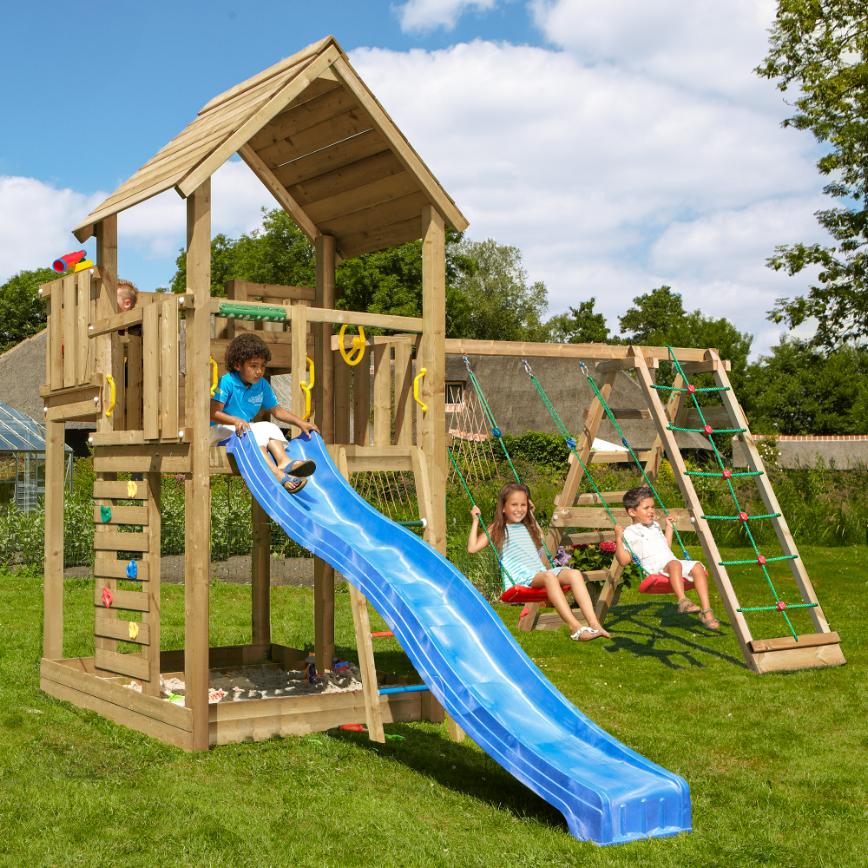 Legetårn Palace 2.1, inkl. 2-Climb Modul 220, 120 kg sand, blå rutschebane